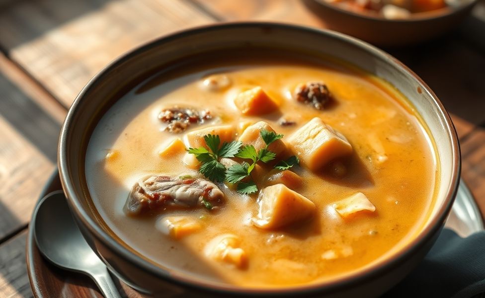 Caldo de mocotó ingredientes em bowl cremoso com pedaços de carne macia e legumes, decorado com salsinha fresca