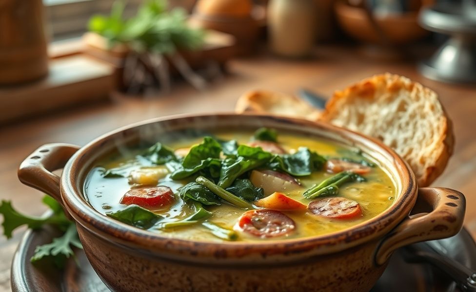 Tigela de caldo verde ingredientes tradicional com couve em tiras finas, caldo cremoso de batata e rodelas de linguiça, prato típico português