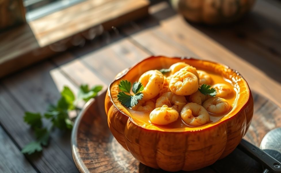 Camarão na moranga ingredientes - prato cremoso servido dentro de abóbora assada com camarões visíveis e queijo gratinado dourado