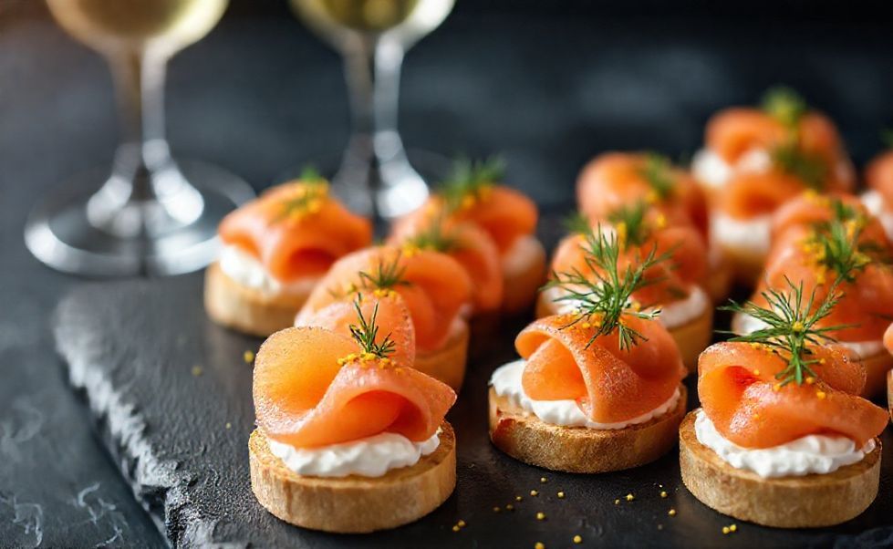Canapés de salmão com cream cheese sobre torradas crocantes, decorados com endro fresco e raspas de limão para festa de aniversário elegante