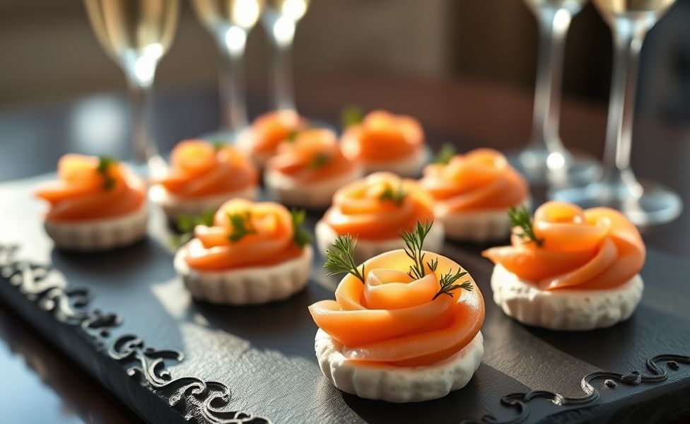 Canapés de salmão com cream cheese dispostos elegantemente para festa de aniversário elegante, mostrando texturas cremosas e delicadas do salmão defumado