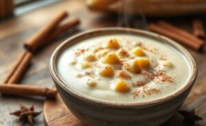 Canjica Doce servida em tigela cerâmica com textura cremosa, grãos de milho branco visíveis e canela em pó polvilhada por cima