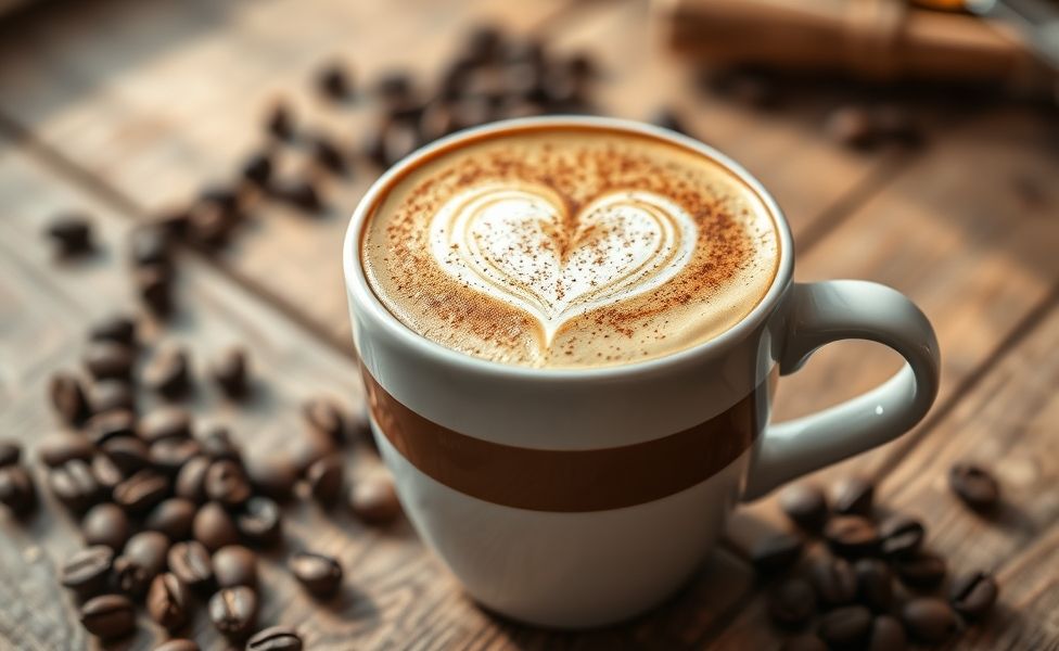 Cappuccino perfeito em xícara branca com espuma cremosa, arte em latte heart e polvilhado de canela, mostrando camadas distintas dos cappuccino ingredientes