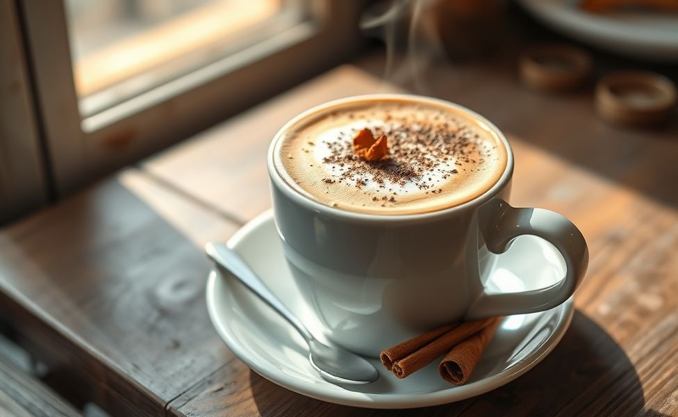 Cappuccino cremoso de batedeira com chocolate servido em xícara branca com espuma perfeita, canela em pó e raspas de chocolate decorando