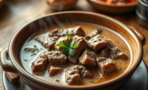 Carne leão 2021 servida em bowl com molho cremoso marrom, tiras de carne macia e salsa fresca como guarnição