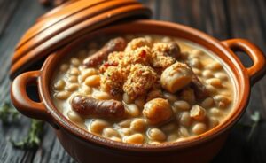 Cassoulet feijão branco servido em panela de barro com feijão cremoso, carnes douradas e crosta crocante, prato tradicional francês