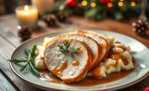 Ceia de natal simples com peru assado fatiado sobre purê de batatas cremoso, regado com molho dourado e decorado com ervas frescas