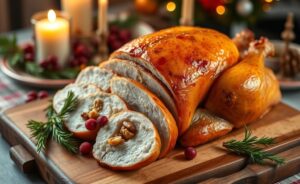 Chester recheado com frutas secas dourado e suculento, uma das tradicionais comidas de natal brasileiras servido em travessa decorativa