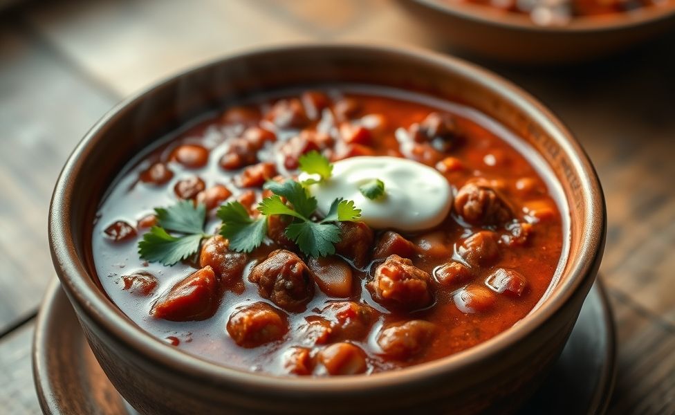 Tigela de chilli com carne moída, feijão vermelho e milho, molho encorpado vermelho escuro decorado com coentro fresco