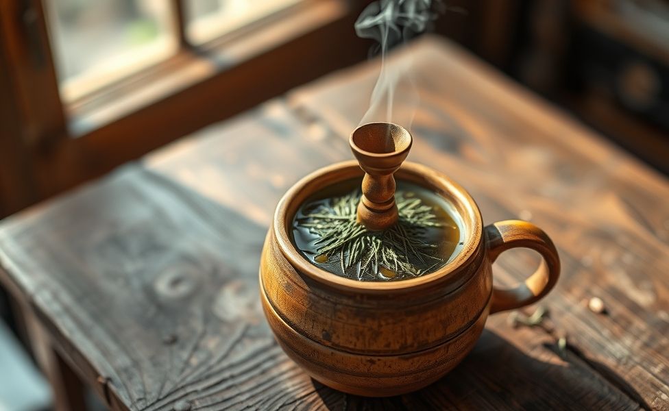 Chimarrão ingredientes tradicional servido em cuia de madeira com bomba de metal, erva-mate verde e vapor saindo da bebida quente