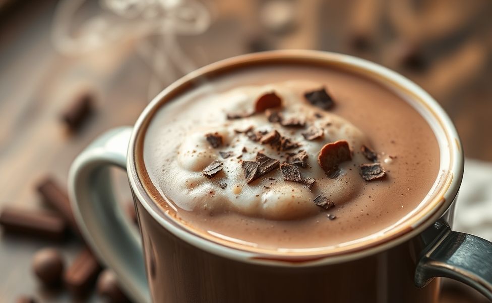 Chocolate quente com 2 ingredientes servido em xícara branca, textura cremosa e aveludada com vapor saindo, em fundo rústico de madeira