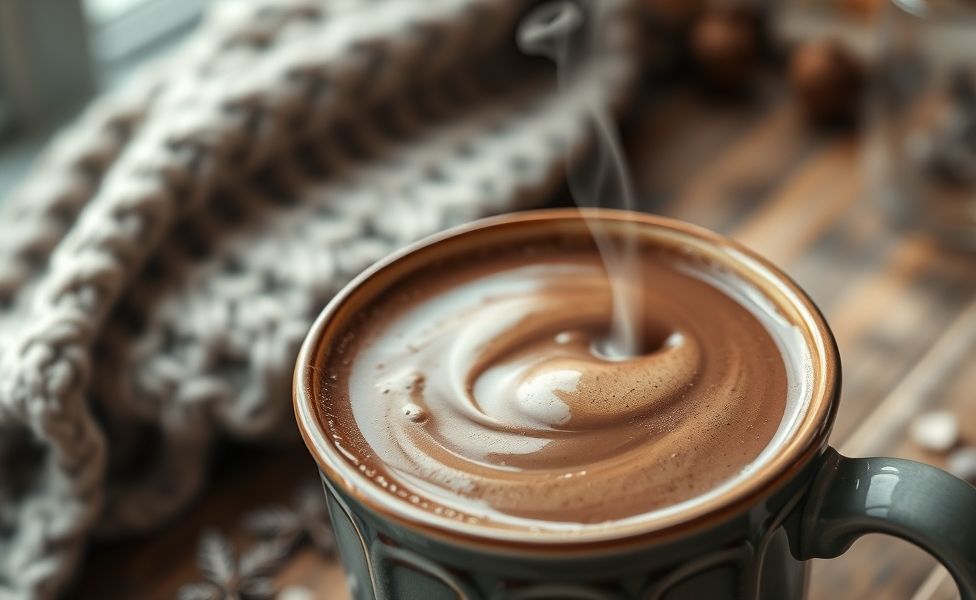 Chocolate quente com 3 ingredientes cremoso servido em xícara branca com vapor subindo, textura aveludada e cor marrom profunda