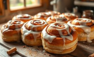 Cinnamon rolls receita caseira com massa macia, recheio de canela e cobertura branca cremosa, dispostos em forma redunda dourada