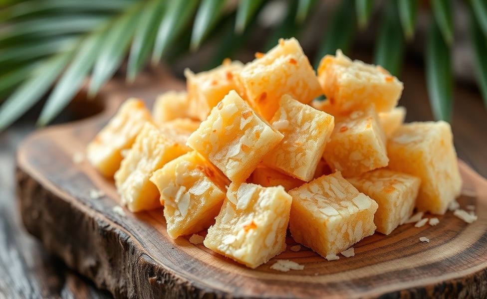 Cocada de coco simples tradicional brasileira com pedaços dourados de coco cremoso sobre tábua de madeira rústica