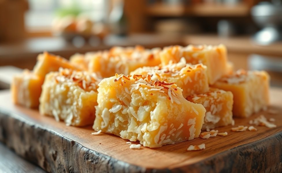 Cocada de forno 3 ingredientes dourada e caramelizada, com textura cremosa interna e crocante externa, servida em fatias sobre tábua de madeira