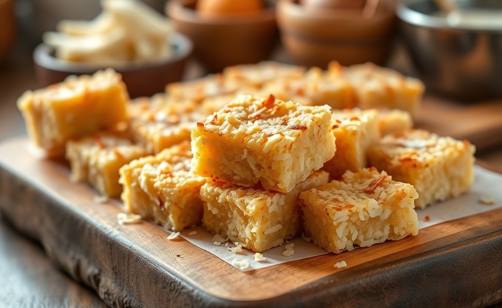 Cocada de forno com 3 ingredientes dourada e caramelizada, servida em pedaços quadrados sobre tábua de madeira rústica