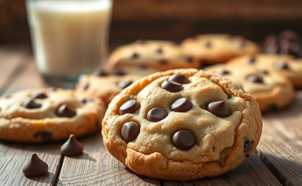 Cookies ingredientes caseiros recém-saídos do forno com gotas de chocolate derretendo, textura dourada e crocante nas bordas