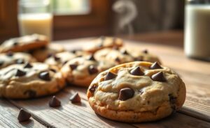 Cookies receita caseira com gotas de chocolate derretidas, dourados nas bordas e macios no centro, dispostos em assadeira