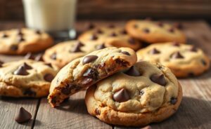 Cookies receita facil dourados com gotas de chocolate derretidas, textura crocante por fora e macia por dentro, dispostos em prato rústico