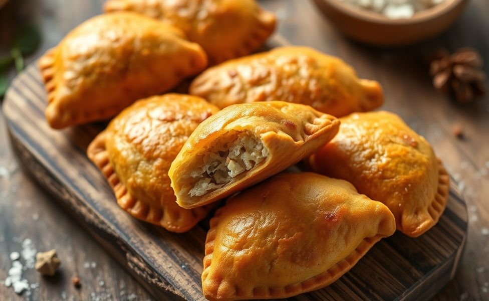 Coxinha com 3 ingredientes dourada e crocante servida em tabua de madeira, mostrando textura perfeita da massa assada