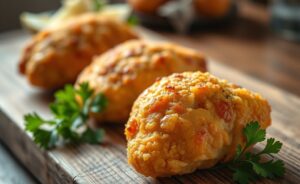 Coxinha de Frango frita dourada e crocante com recheio cremoso visível, servida em prato rústico sobre mesa de madeira