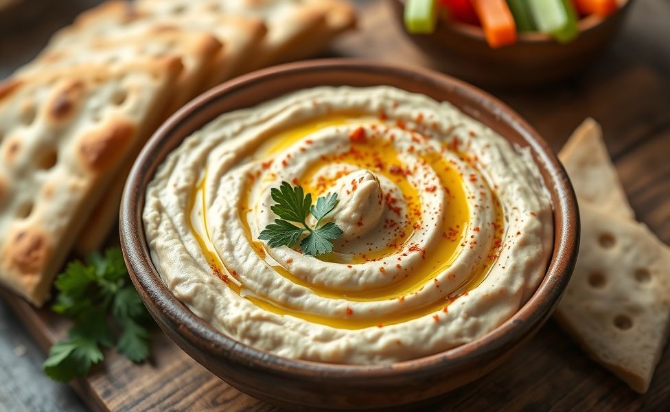 Cprb cremoso servido em tigela cerâmica com azeite e salsinha, acompanhado de pão sírio e legumes frescos