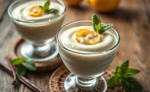 Creme Belga Receita servido em taças transparentes com textura sedosa, pontos de baunilha visíveis e decoração com raspas de limão