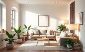 Sala de estar com Decoração de Casa Simples mostrando paredes brancas, plantas verdes, tapete neutro e iluminação aconchegante criando ambiente harmonioso