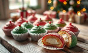 Docinhos de Natal coloridos em forminhas decorativas, com cobertura brilhante de açúcar cristal vermelho e verde sobre mesa rústica