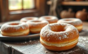 Donuts receita caseiros recém-feitos com cobertura de açúcar de confeiteiro, textura macia e crosta dourada perfeita