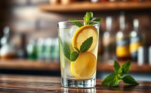 Caipirinha premium servida em copo baixo com limão siciliano, hortelã fresca e gelo - exemplo perfeito de drinks receitas brasileiras refinadas