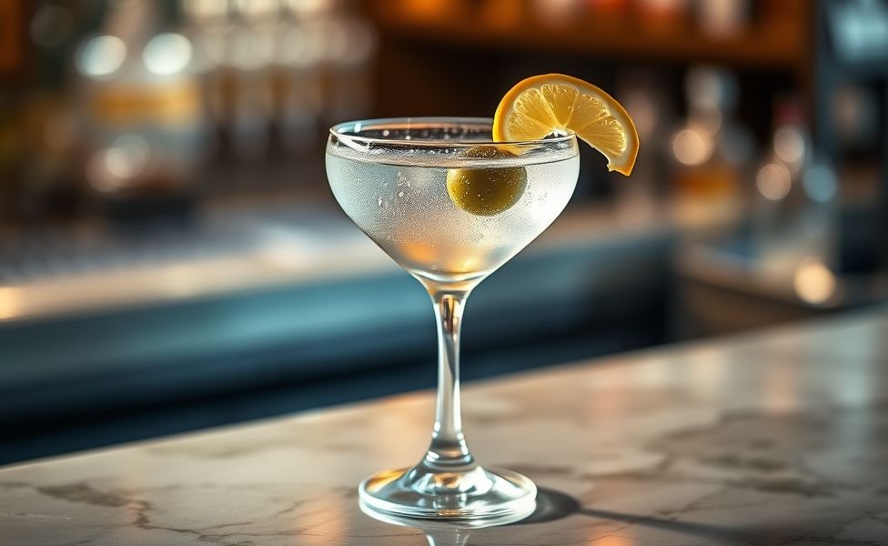 Dry martini ingredientes transformados em drink cristalino em taça elegante com azeitona e casca de limão, servido gelado com condensação na taça