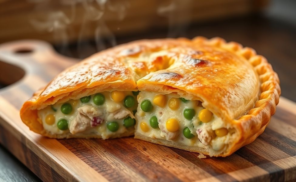 Empadão caseiro dourado recém-saído do forno mostrando massa crocante e recheio cremoso com frango, milho e ervilhas - ingredientes para empadão perfeito