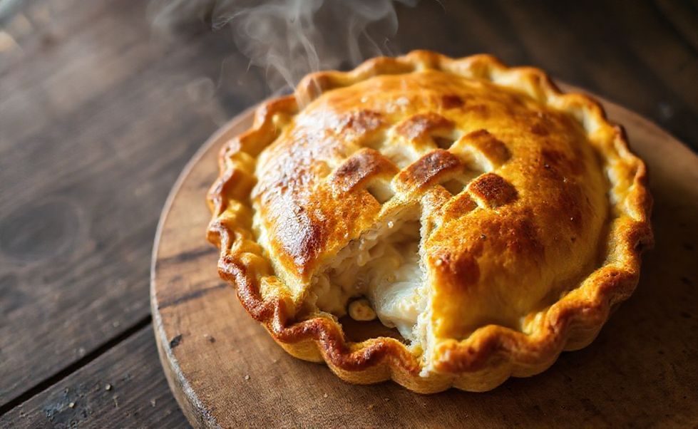 Empadão ingredientes recém-saído do forno com massa dourada e recheio cremoso de frango visível, servido em fatias sobre tábua de madeira