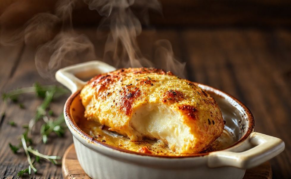 Escondidinho de frango ingredientes recém-saído do forno com purê de batata cremoso e queijo gratinado dourado em refratário de cerâmica