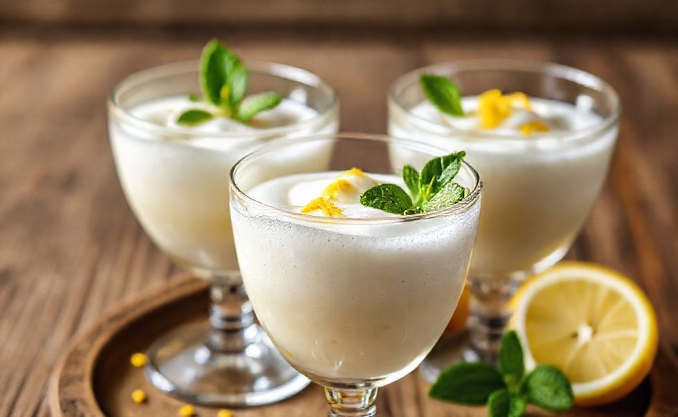 Espuma de Gengibre ingredientes em taça transparente mostrando textura aerada cremosa com raspas de limão e folhas de hortelã para decorar