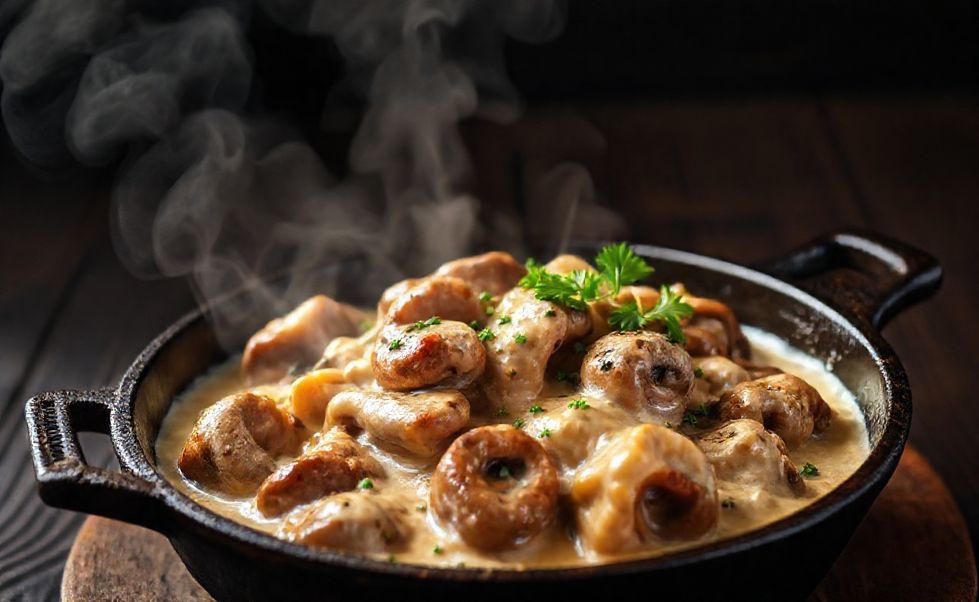 Estrogonofe de carne ingredientes cremoso servido em frigideira com carne dourada, cogumelos e molho aveludado, finalizado com salsinha fresca