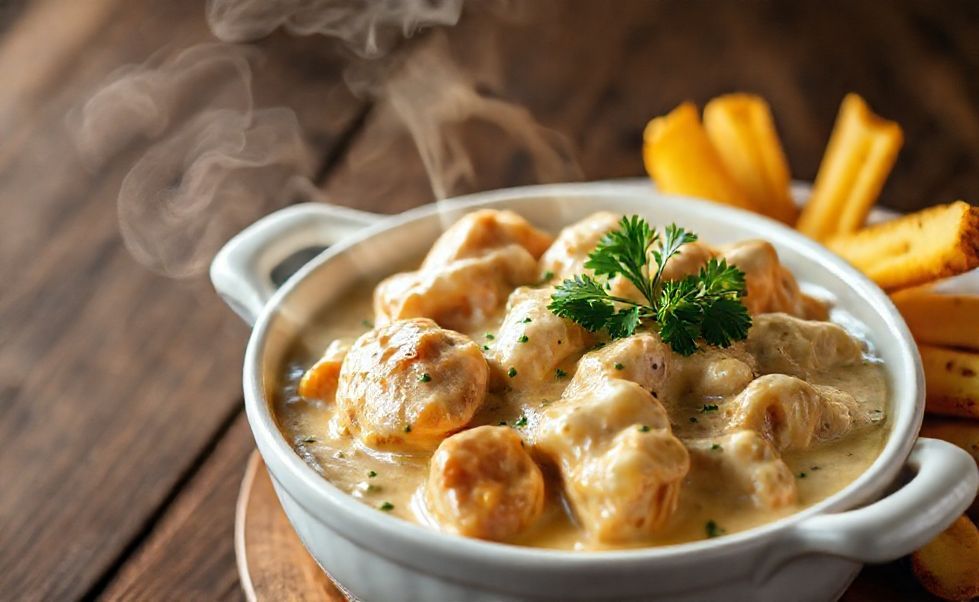 Estrogonofe de frango ingredientes cremosos servido em tigela branca com batata palha dourada e salsinha fresca, molho aveludado com pedaços suculentos de frango