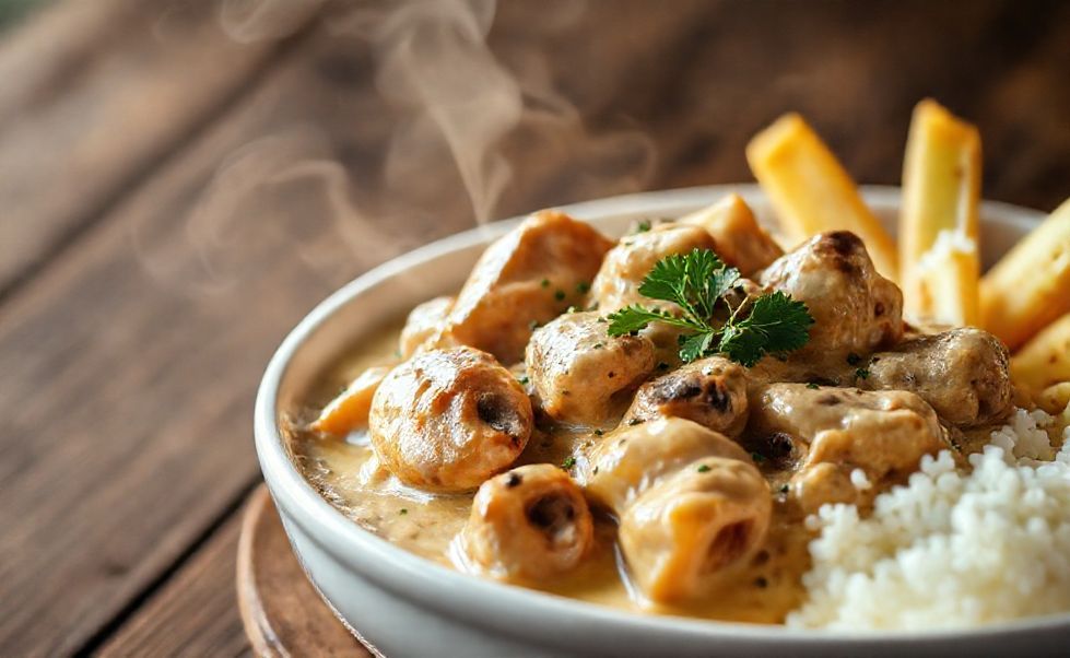 Estrogonofe ingredientes cremoso com frango dourado e champignon servido com arroz branco e batata palha em apresentação caseira
