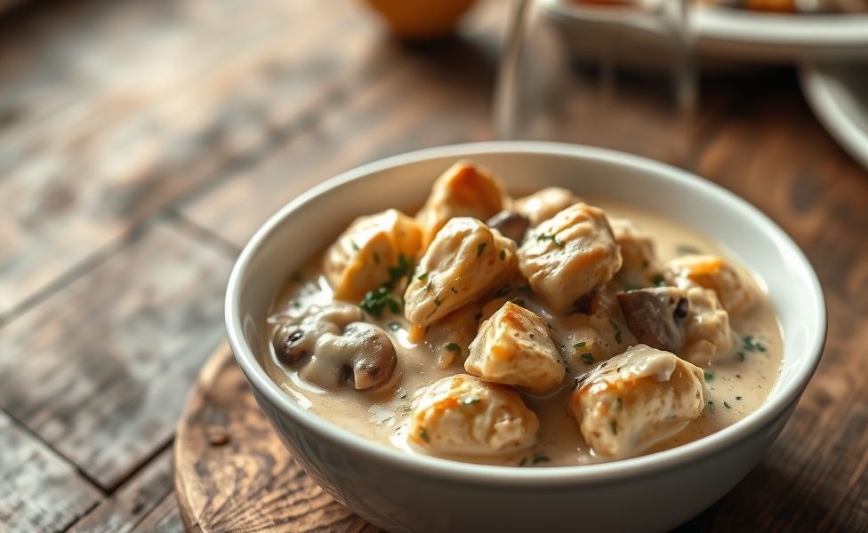 Estrogonofe de frango cremoso com pedaços dourados em molho aveludado, champignons e salsa fresca - resultado dos ingredientes para estrogonofe perfeitos