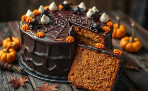 Bolo de cenoura Fantasia Halloween decorado com teias de aranha em chantilly laranja e preto, morcegos de chocolate e detalhes assustadores sobre mesa rústica