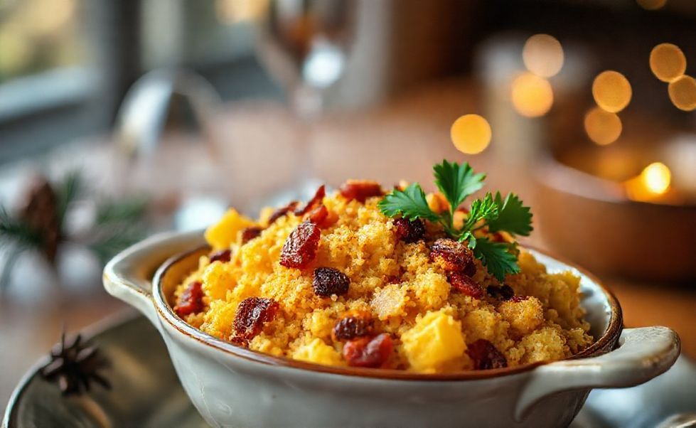 Farofa de natal ingredientes dourada em bowl cerâmico com bacon crocante, frutas secas e salsa fresca, textura soltinha perfeita para ceia