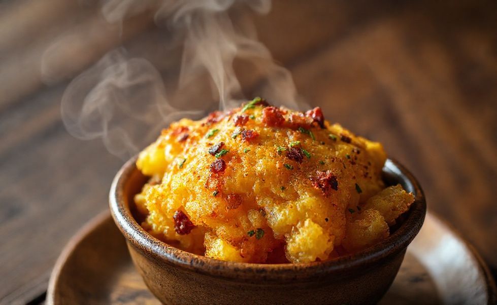 Farofa ingredientes dourada e crocante em bowl de cerâmica, com pedacinhos de bacon e ervas verdes, textura granulada visível