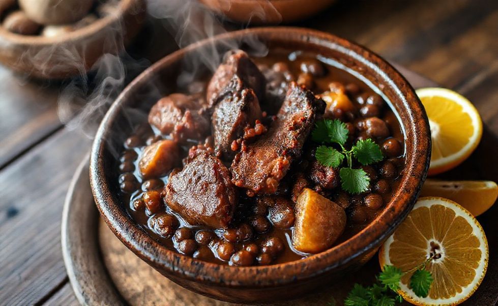 Feijoada brasileira pronta na panela de pressão com feijão preto, carnes suculentas e caldo encorpado, servida em bowl de barro
