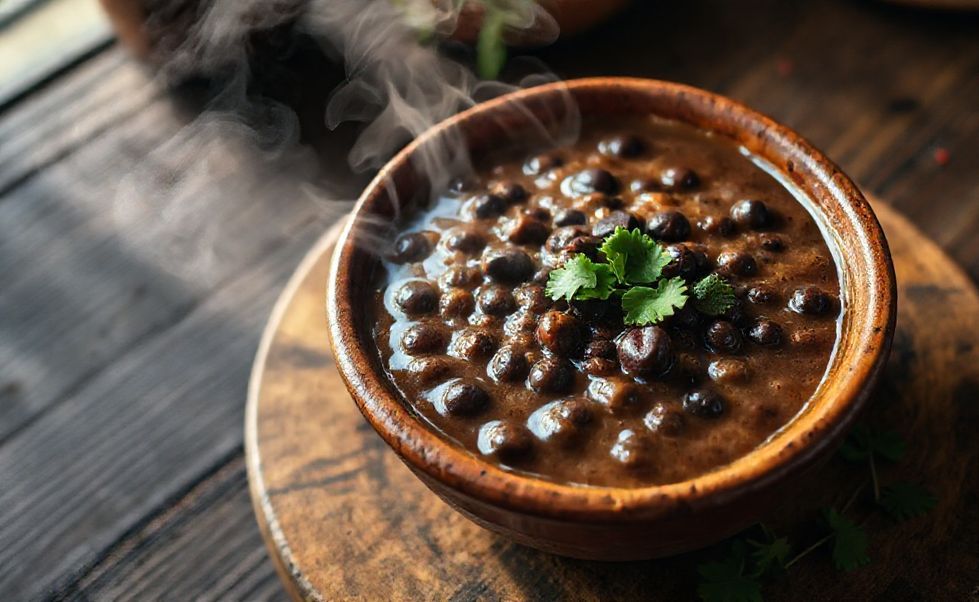 Feijão amigo ingredientes servido em tigela de barro, textura cremosa com grãos inteiros visíveis, decorado com cheiro-verde fresco