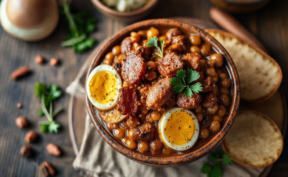 Feijão tropeiro ingredientes tradicionais servido em tigela de barro com textura crocante e cores vibrantes