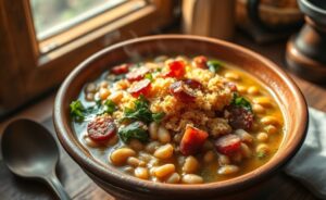 Feijão tropeiro tradicional servido em bowl de barro com farofa crocante, bacon dourado, linguiça calabresa e couve fresca - ingredientes para feijão tropeiro perfeito