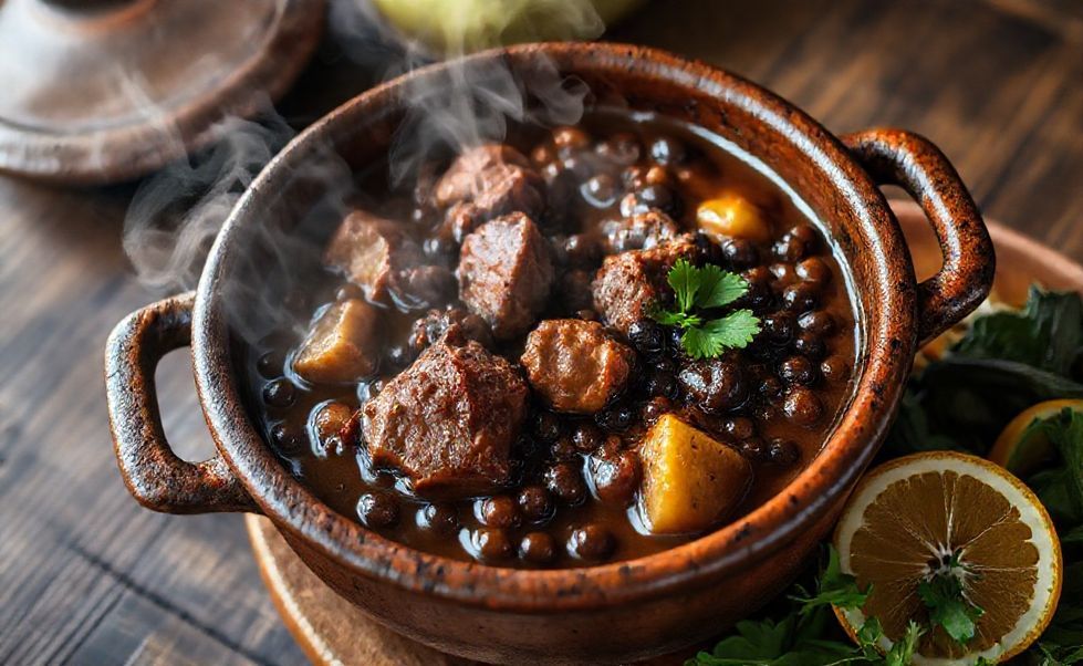 Feijoada choco tradicional servida em panela de barro com feijão preto cremoso, carnes defumadas e acompanhamentos