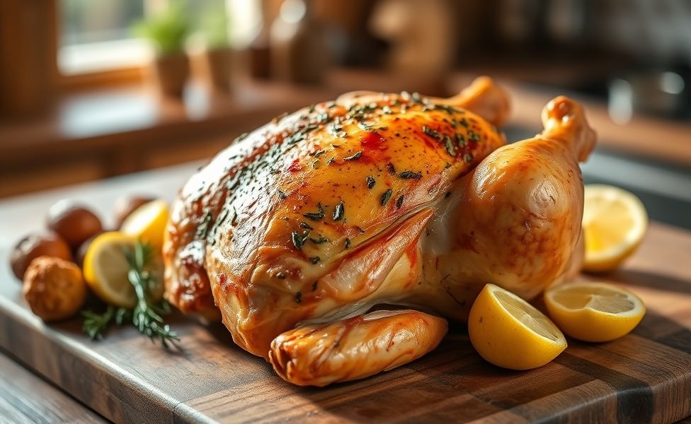 Frango assado no forno dourado e crocante com batatas assadas, mostrando os ingredientes para assar frango no forno perfeitamente preparados