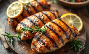 Frango grelhado com limão preparado com poucos ingredientes, mostrando carne suculenta com marcas de grelha douradas e fatias de limão fresco